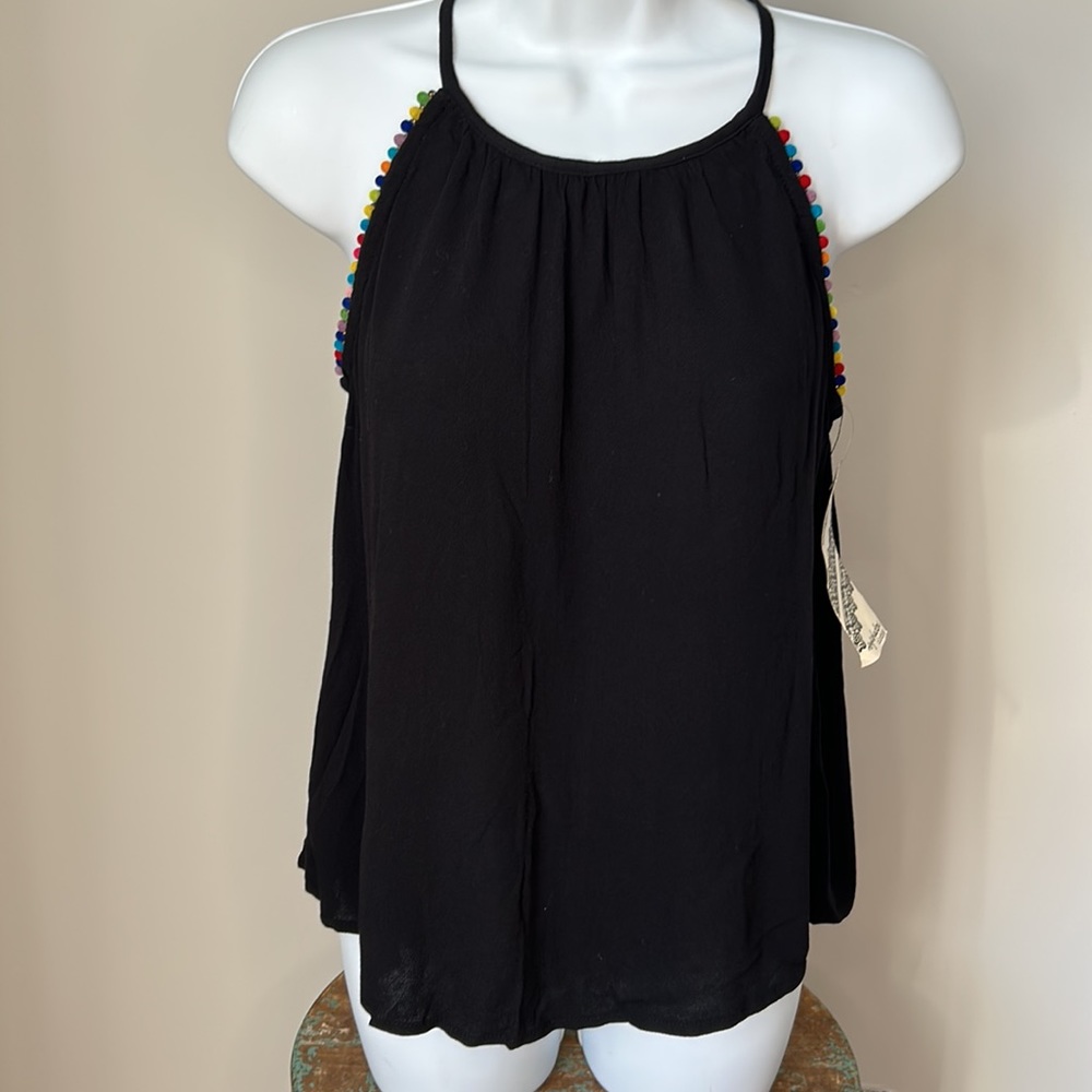 NEW Eyeshadow Pom Pom Trim Black Tank